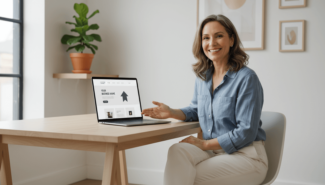 Small business owner reviewing website design on laptop in bright modern office